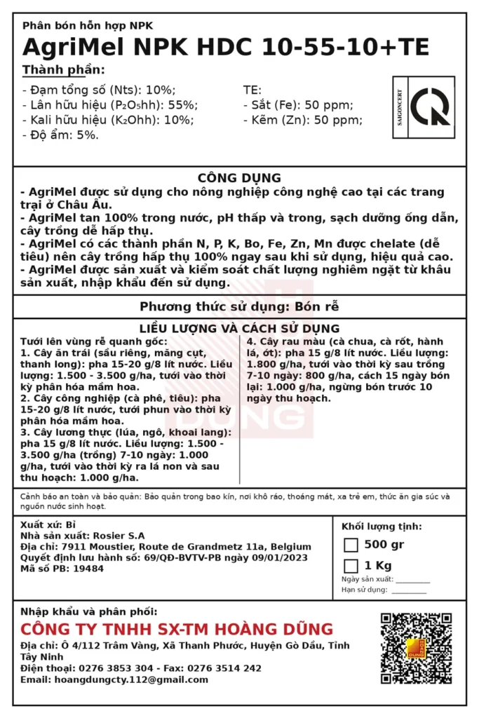 AGRIMEL NPK 10-55-10 SQM Holland – tem phụ