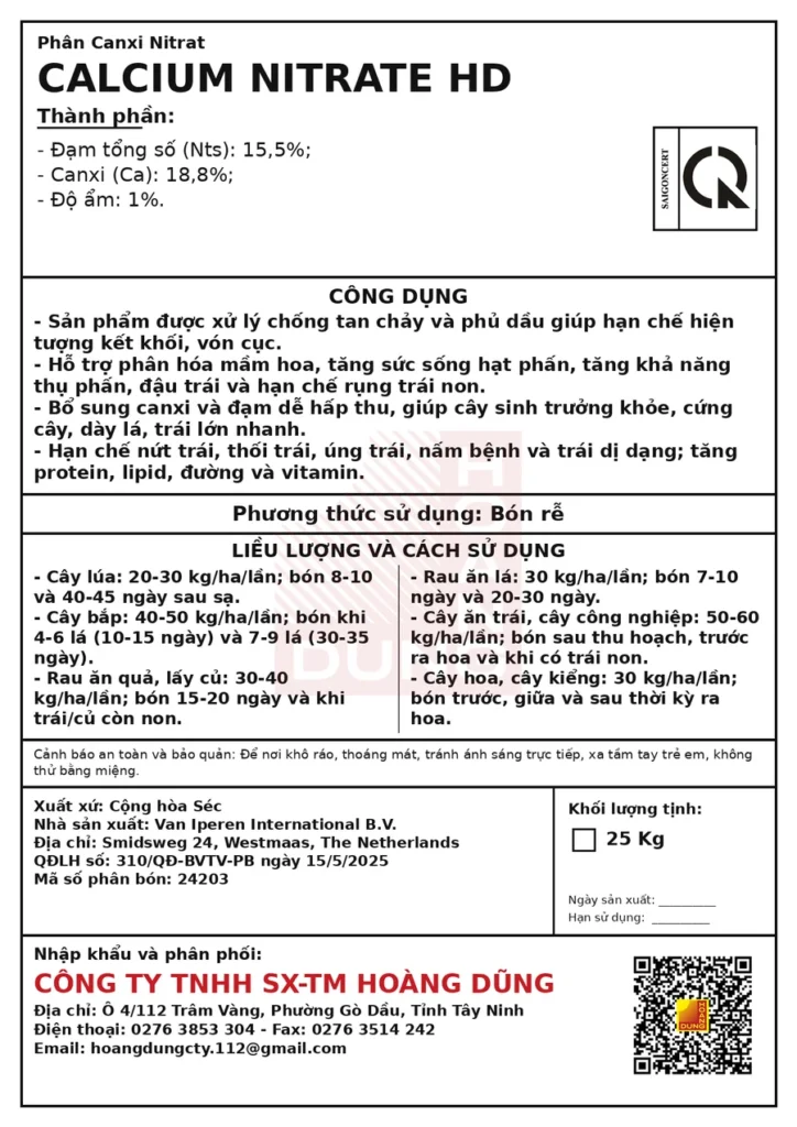 CALCI NITRAT Hạt trắng Van Iperen International – tem phụ