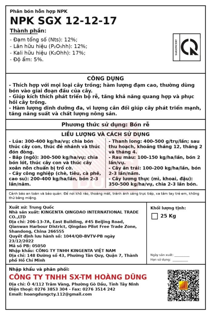 DELTAKORN NPK 12-12-17 Kingenta – tem phụ