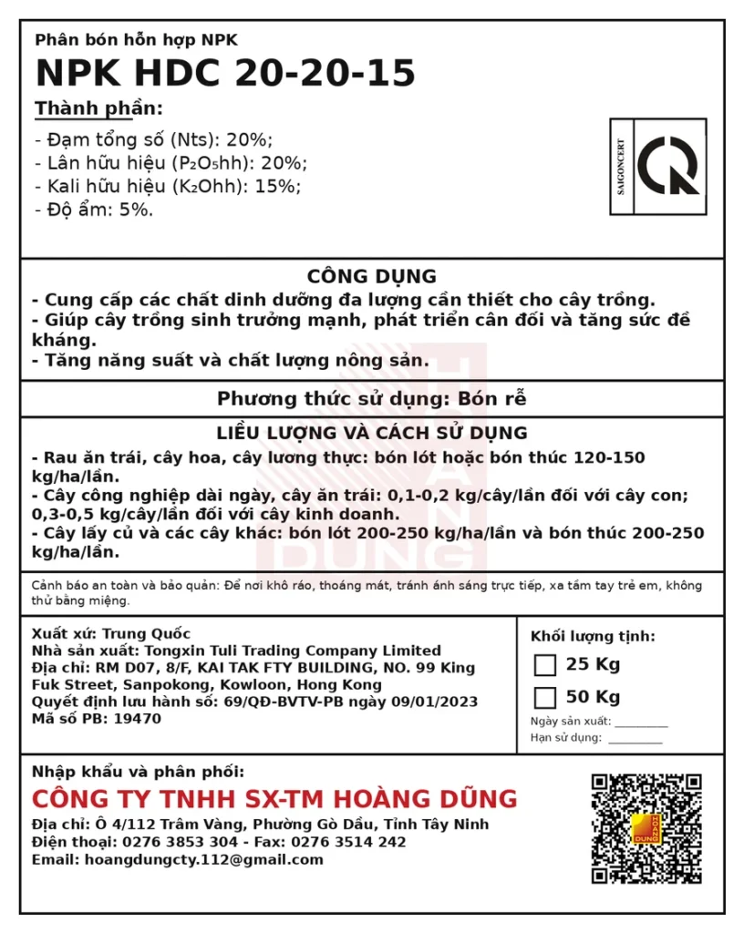 DELTAKORN NPK 20-20-15 Hạt đen Beijing Tongxin Tuli Technology – tem phụ