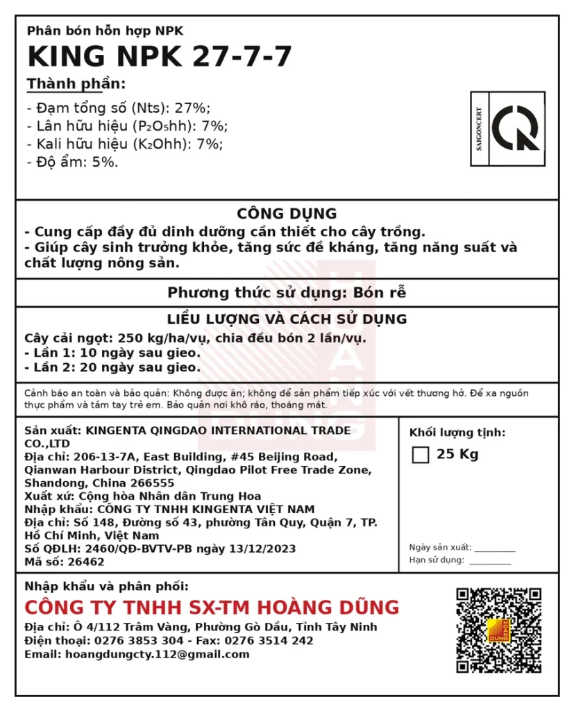 DELTAKORN NPK 27-7-7 Kingenta – tem phụ