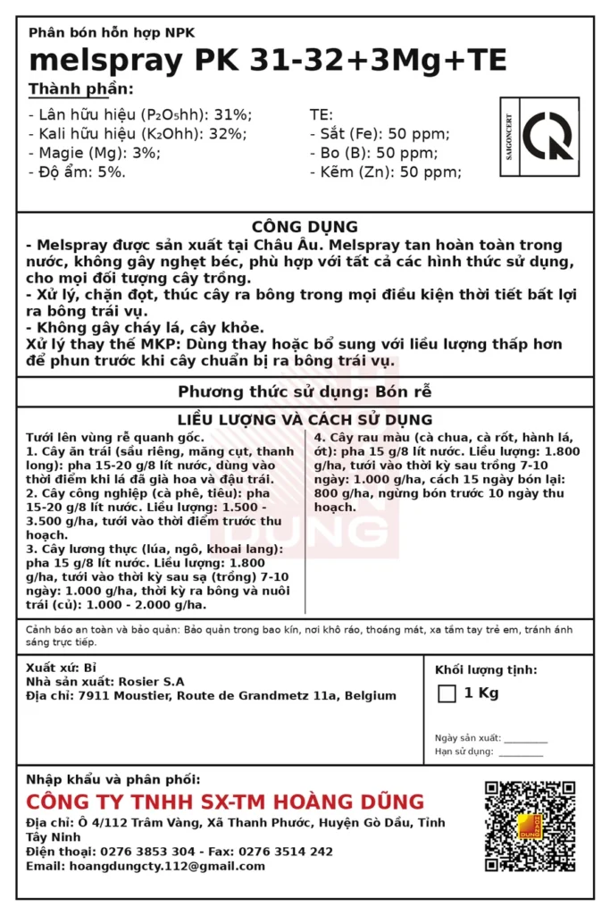 MELSPRAY PK 0-31-32 Rosier – tem phụ
