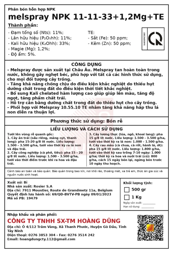MELSPRAY NPK 11-11-33 SQM Holland – tem phụ