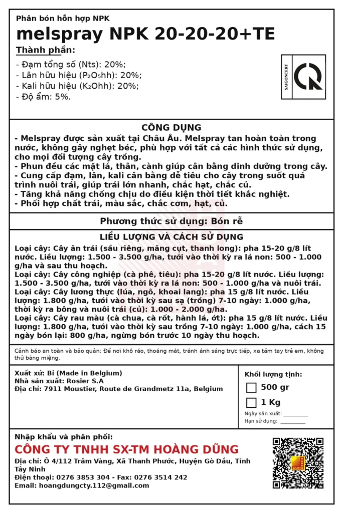MELSPRAY NPK 20-20-20 Rosier – tem phụ