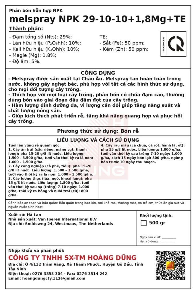 MELSPRAY NPK 29-10-10 Van Iperen – tem phụ