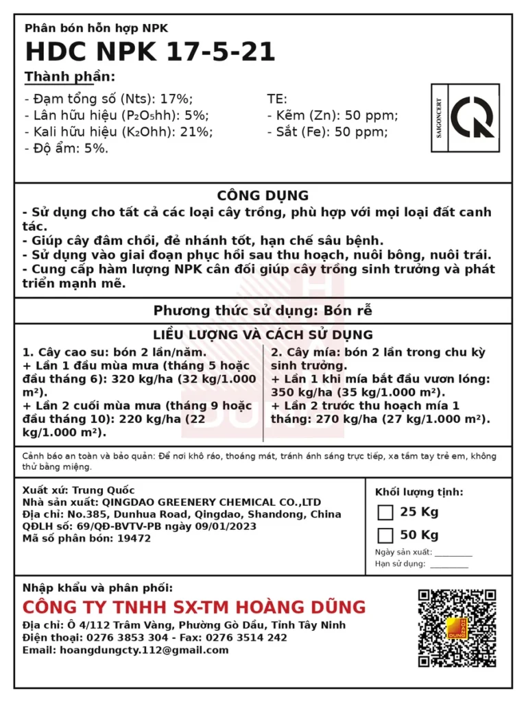 NPK 17-5-21 Hạt hồng Qingdao Greenery Chemical – tem phụ