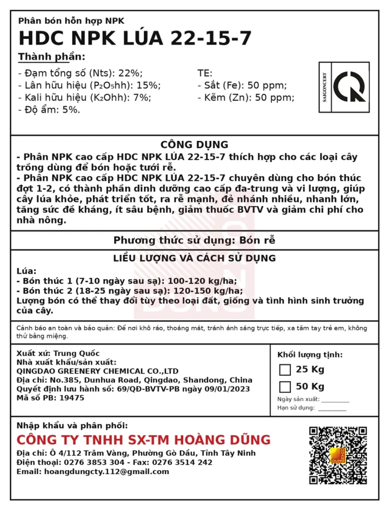 NPK 22-15-7 Hạt xanh Qingdao Greenery Chemical – tem phụ