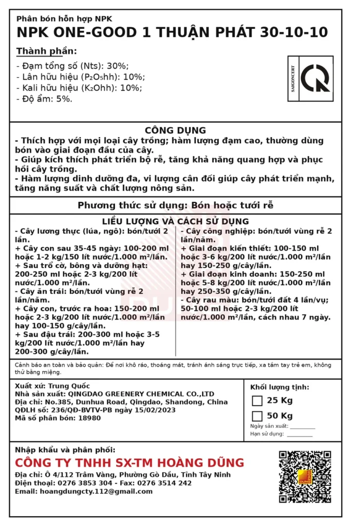 NPK 30-10-10 Hạt xanh Qingdao Greenery Chemical – tem phụ