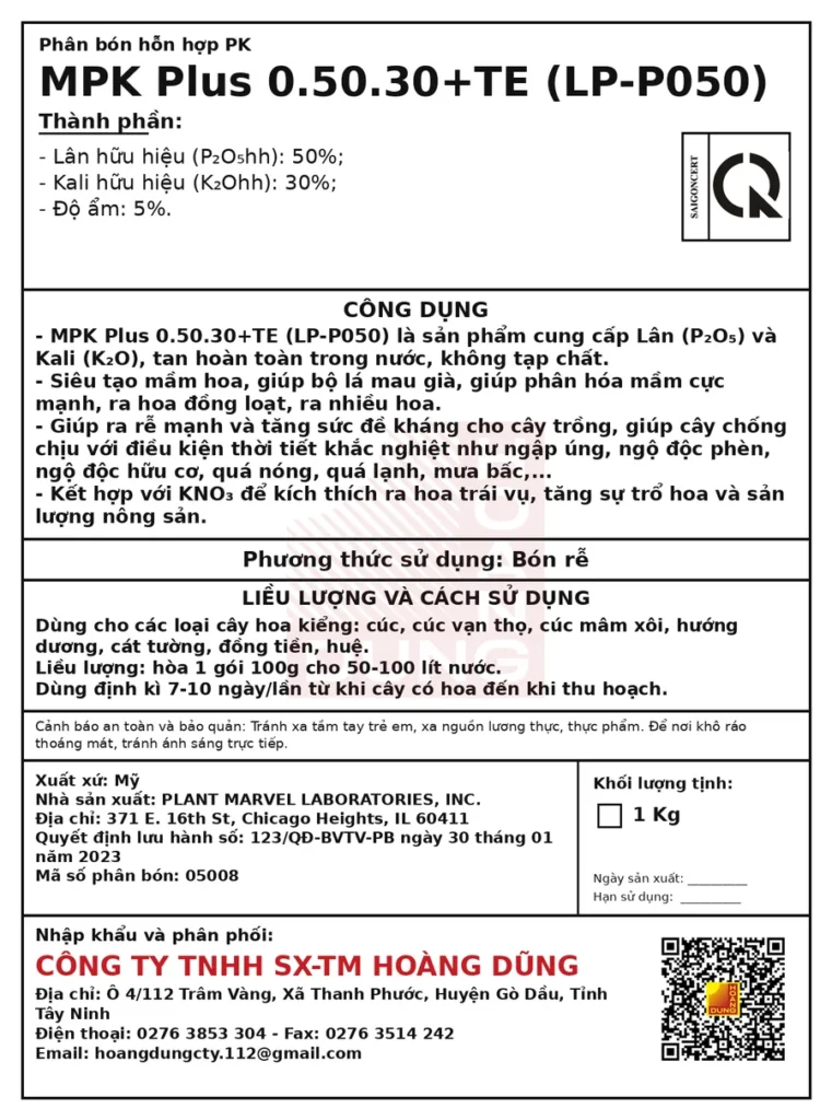PLANT MARVEL MPK PLUS 0-50-30 Plant Marvel – tem phụ