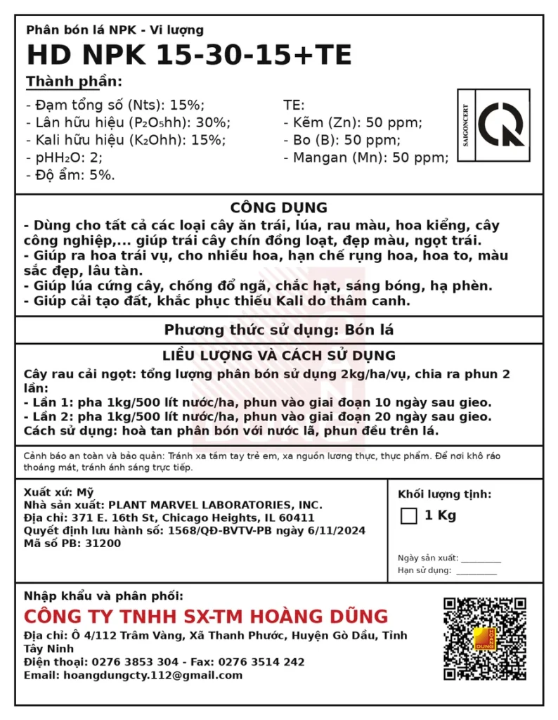 PLANT MARVEL NPK 15-30-15 Plant Marvel – tem phụ